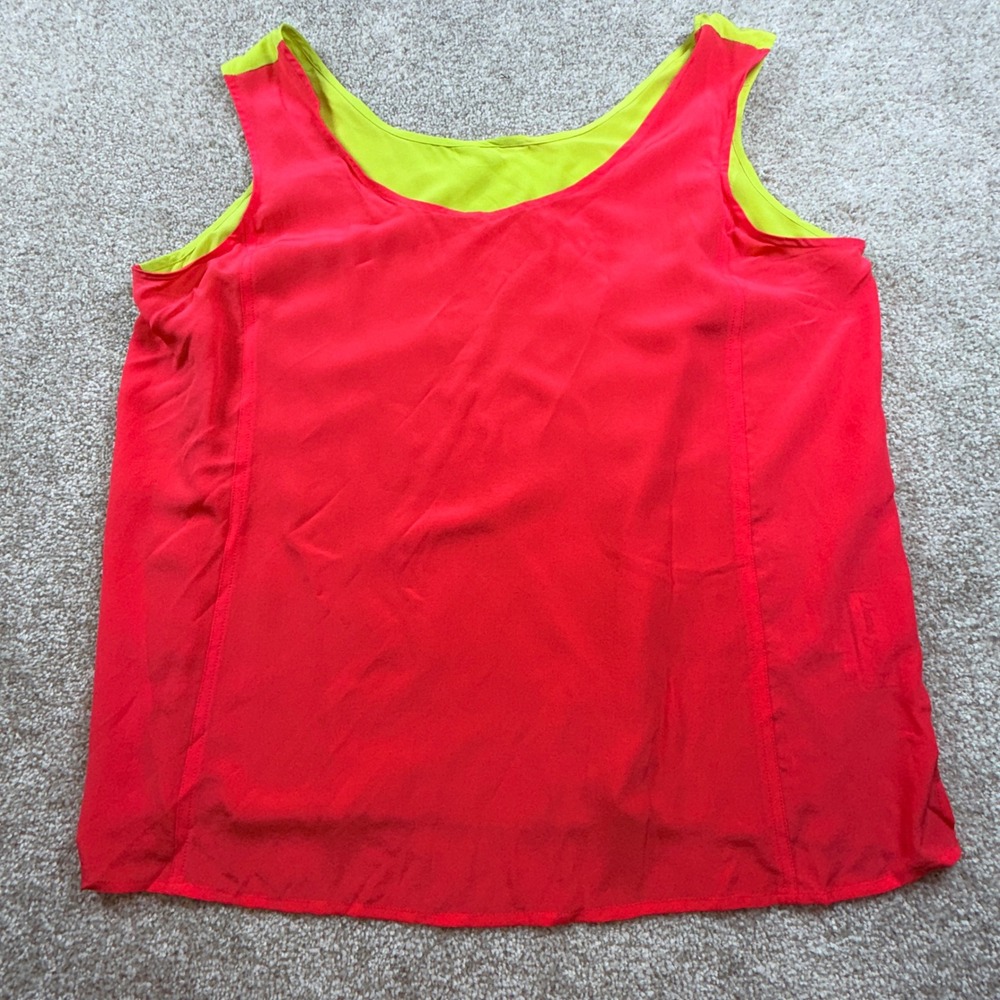Diane Gilman 100% Silk Reversible Tank Top Lime Green Coral Sleeveless Blouse L